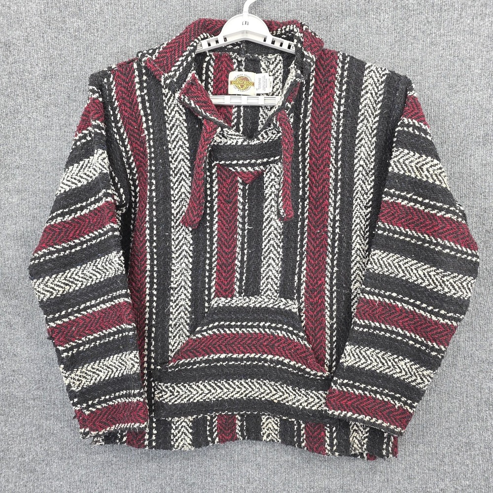Earth Ragz Sweater Mens Medium‎ Red Gray Hooded Baja Pullover Hippie Boho Knit